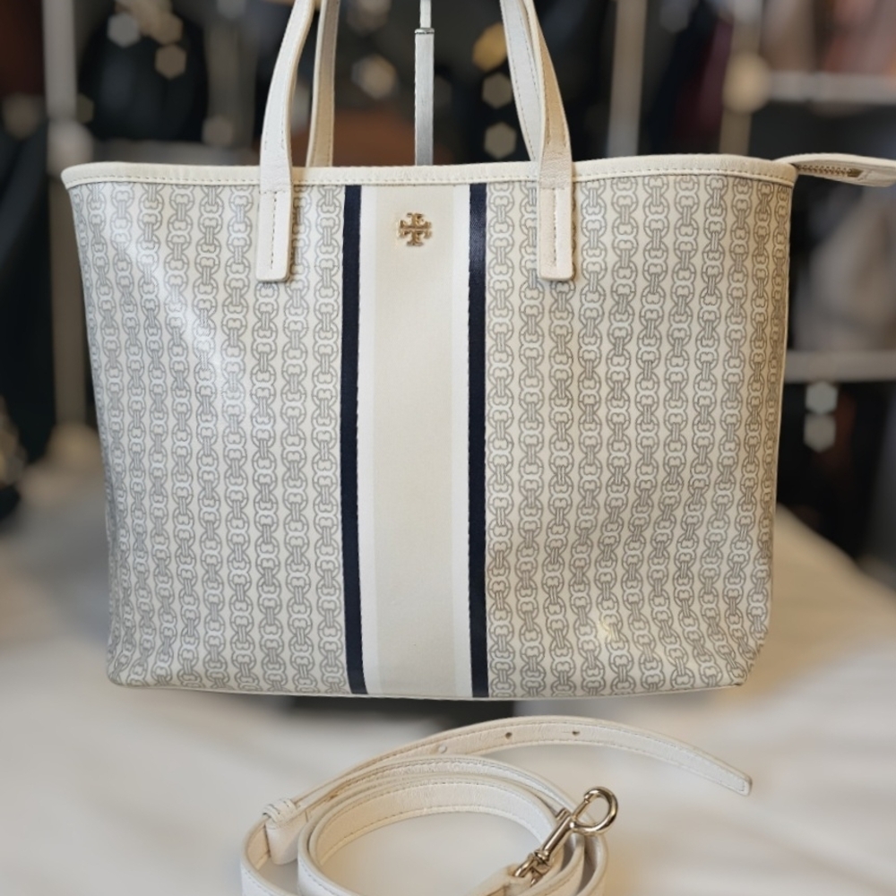 Tory Burch Cream and Navy Patterned Tote